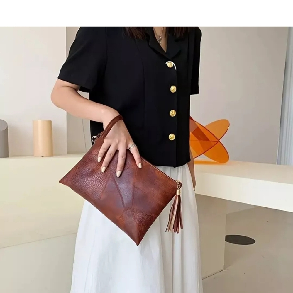 Vegan Leather Envelope Clutch For Women Minimalist Gift For Mom With Tassles